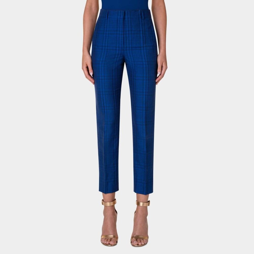 Akris 100 Years Flavin Navy-Enzian Check Cotton & Silk Seersucker Pants
